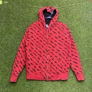 Rogue Status Gun Print Hoodie Mens Medium Red Streetwear Full Zip Fleece Graphic